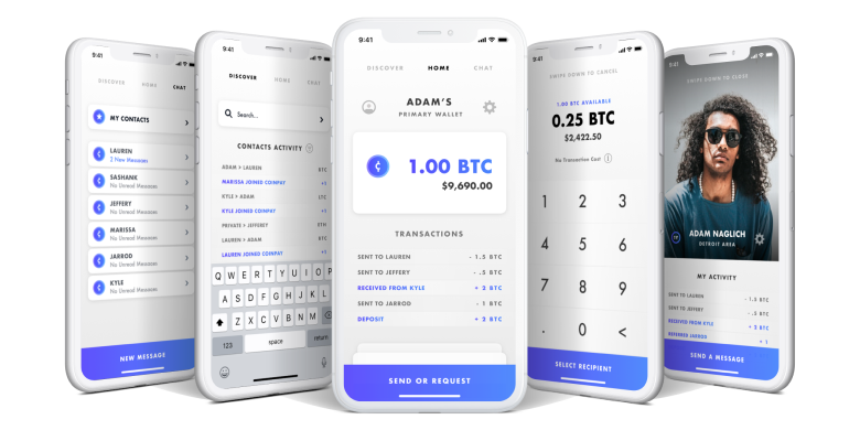 Coinpay cryptocurrency payment app screens showing a Bitcoin balance and send flow