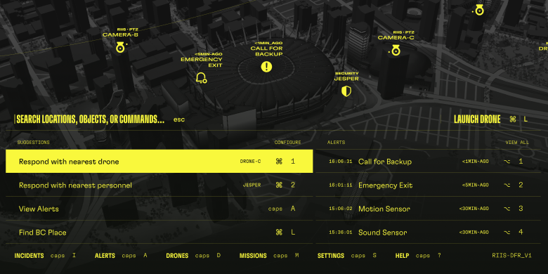 Drone-as-first-responder command interface — dark city map with a request for backup