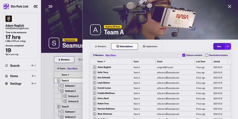 Elm Park Link — metaverse team management dashboard with a member subscriptions table