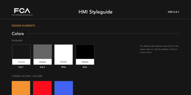 FCA human-machine-interface styleguide — color palette page