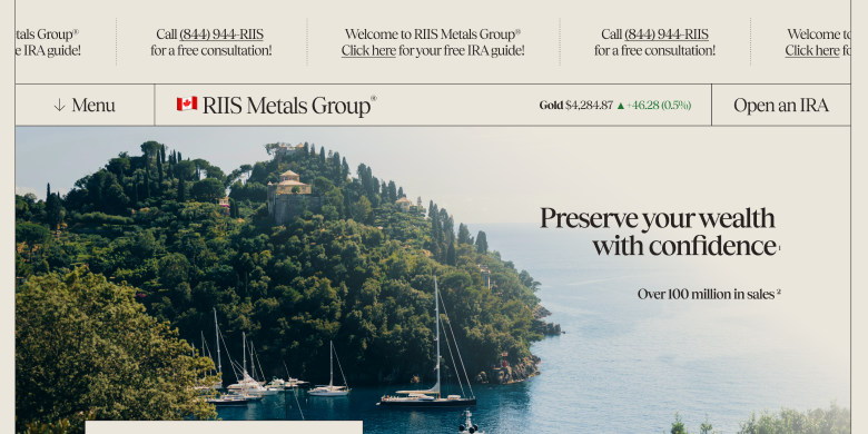 Fintech marketing site hero — “Preserve your wealth with confidence” over a coastal landscape