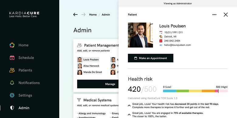 KardiaCure telehealth admin — patient management list and a cardiac health-risk profile
