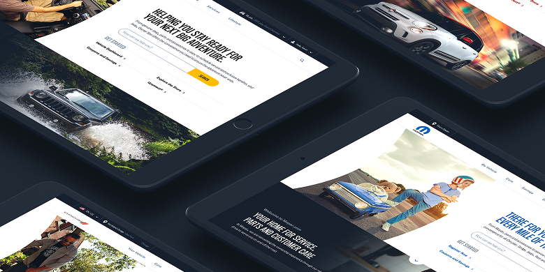 Mopar website pages fanned across dark tablet mockups