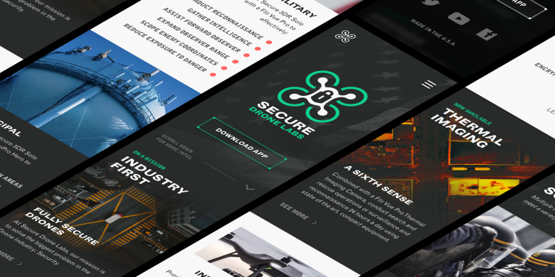 Secure Drone Labs mobile site screens fanned out, with logo and thermal-imaging features