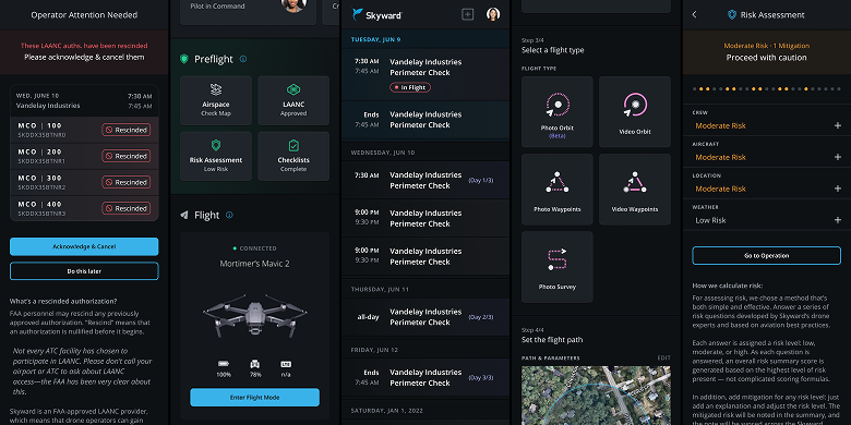 Skyward mobile app — drone flight scheduling, preflight checks, LAANC airspace authorization, and risk assessment screens