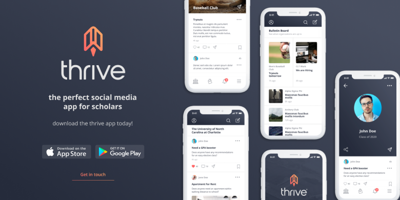 Thrive social media app for scholars — App Store marketing page with phone screens